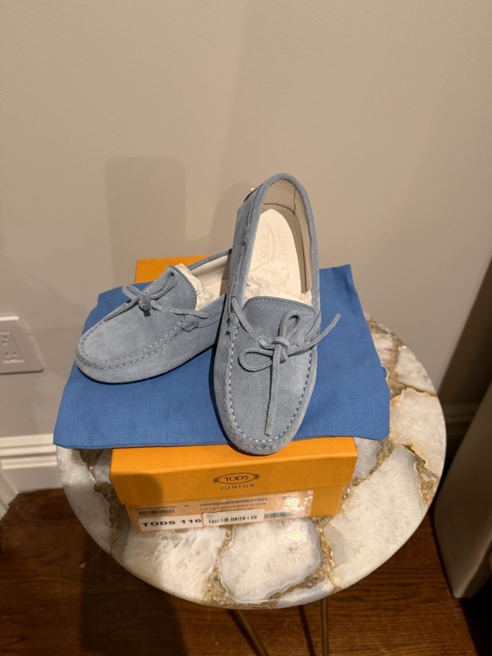 Tod's Light Blue Suede Slip-On Loafers with Bow